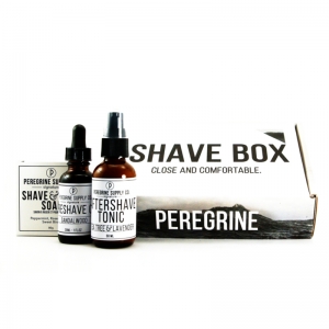 SHAVE BOX CARE KIT - PEREGRINE SUPPLY CO - AFTERSHAVE TONIC, PRESHAVE OIL AND SHAVE & FACE SOAP