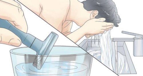  Here is a man rinsing his razor and his face after shaving