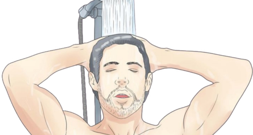 Here is a man taking a shower