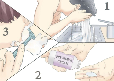 Voici les différentes étapes à suivre lorsque vous désirez effectuer les deuxième passes d'un rasage. Vous pouvez y appercevoir un homme qui se rince le visage, qui applique de la crème à raser et qui se rase.
