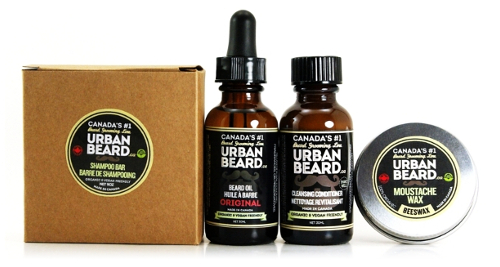 Urban Beard Grooming Kit. One beard oil, one beard cleansing conditioner, one beard shampoo and a moustache wax.