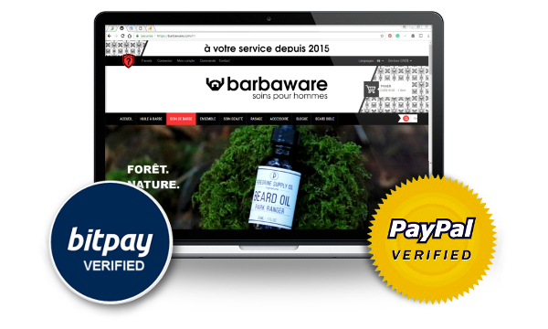 Ordinateur avec la boutique en ligne barbaware et le badge verifié par Paypal et Bitpay